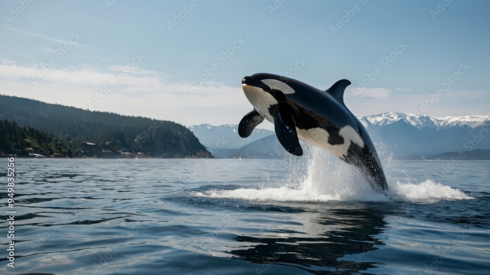 Fototapeta premium Orca whale jumping, ocean splashes, transparent background 