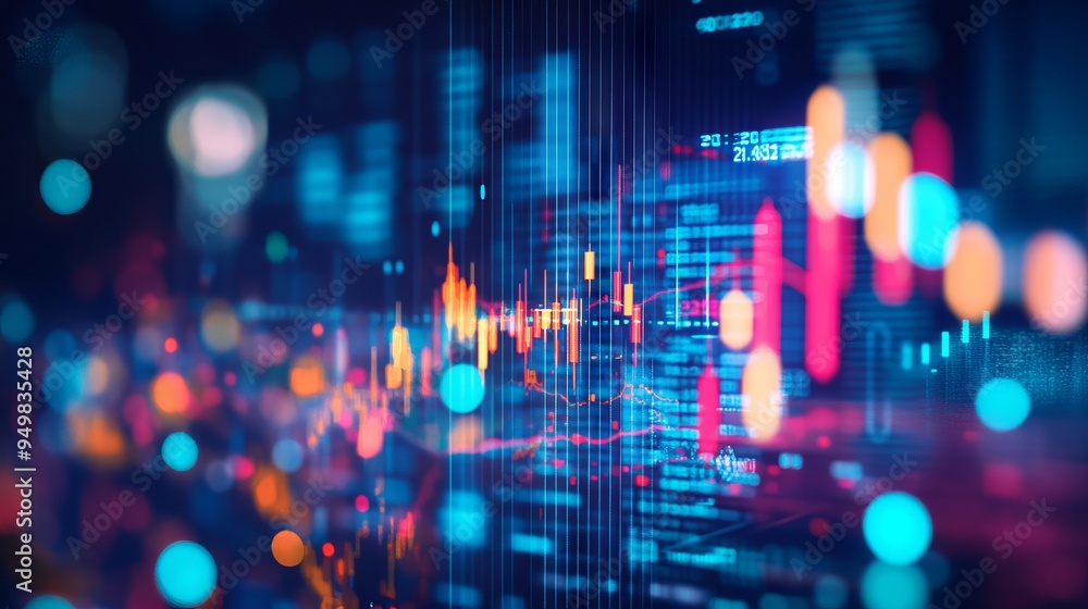 Insight into stock market expansion, business investments, and data analytics, illustrated with digital charts, graphs, and indicators on a blurred dark blue background