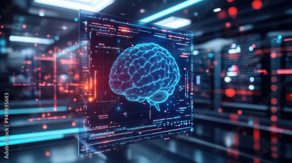 Brain waves visualized in a 3D digital matrix on a floating screen, biomedicine, neuroscience and cognitive research Brain waves visualized in a 3D digital matrix on a floating screen, biomedicine, neuroscience and cognitive research