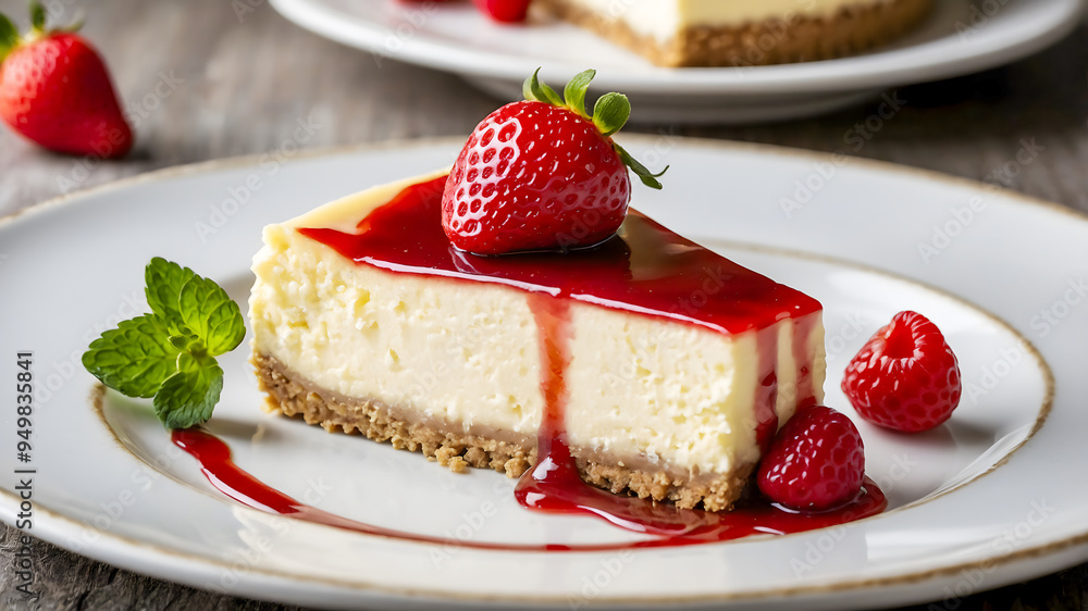 Cheesecake with a thin layer of red fruit glaze on top, garnished with a small piece of fresh strawberry and a mint leaf Cheesecake with a thin layer of red fruit glaze on top, garnished with a small piece of fresh strawberry and a mint leaf