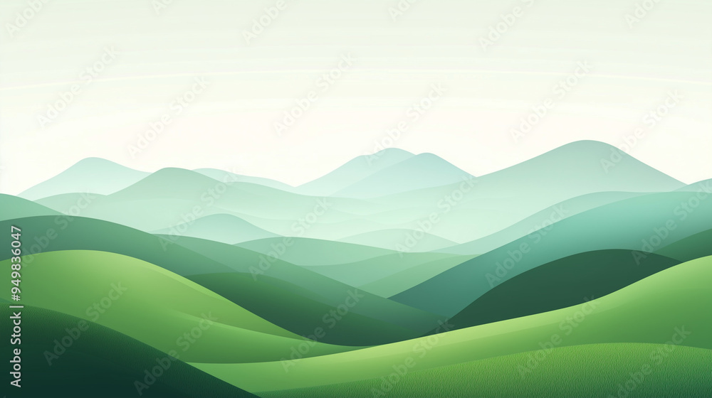 Obraz premium Zielony abstrakcyjny krajobraz ukazuje płynne, faliste linie gór i wzgórz, w stonowanej palecie zieleni.