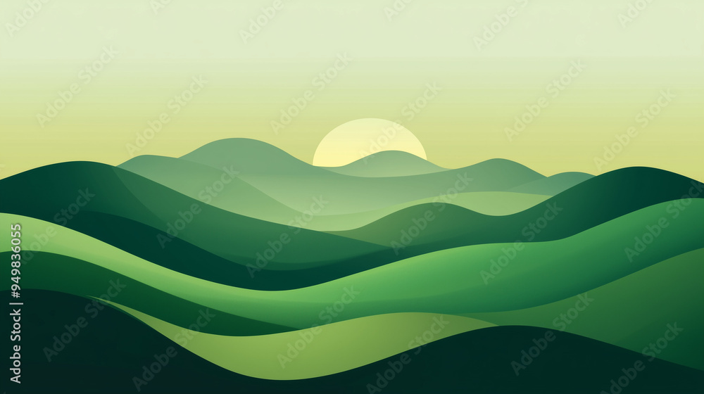 Obraz premium Zielony abstrakcyjny krajobraz ukazuje płynne, faliste linie gór i wzgórz, w stonowanej palecie zieleni.