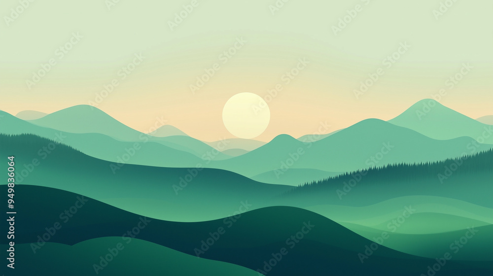 Obraz premium Zielony abstrakcyjny krajobraz ukazuje płynne, faliste linie gór i wzgórz, w stonowanej palecie zieleni.