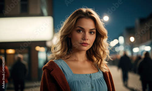 Young woman blonde in blue top and knitted sweater on the background of the evening street. Geverative AI