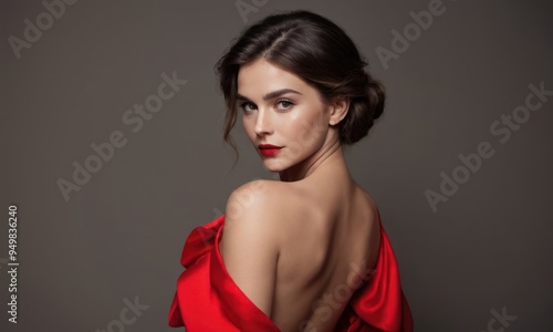 Wallpaper Mural Model luxury woman in red dress posing on grey background. Generative AI Torontodigital.ca