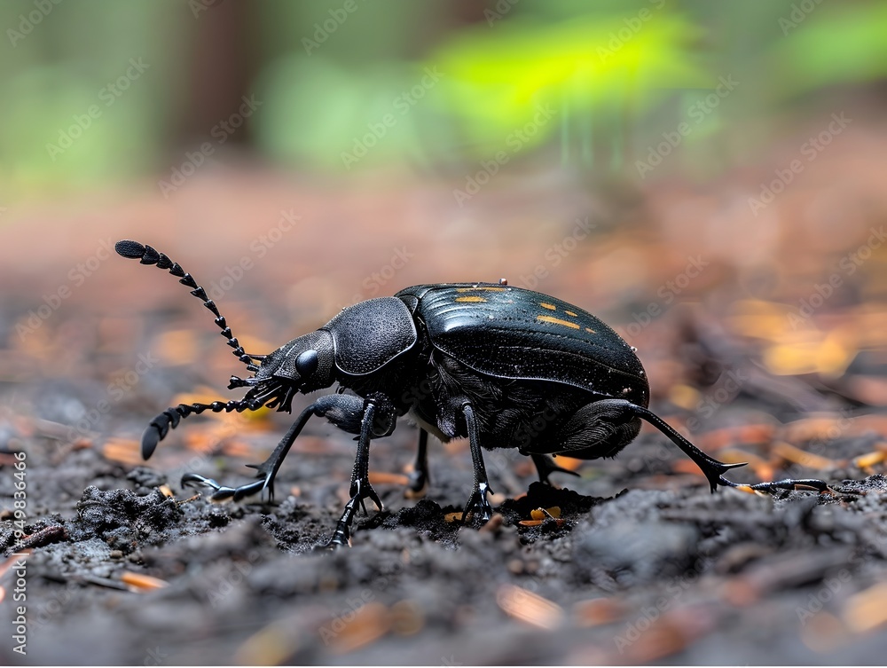 Detailed Beetle on the Forest Floor with Visible Hard Shell and Antennae Detailed Beetle on the Forest Floor with Visible Hard Shell and Antennae