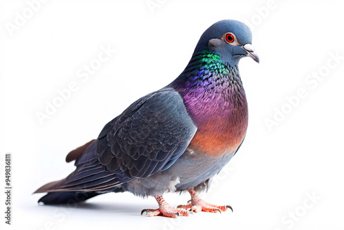 pigeon with vivid plumage featuring shades of blue, purple, and green stands on a plain white background