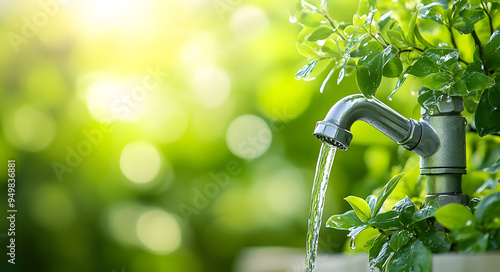 Water Tap with Water Dripping Against a Green Nature Background, Symbolizing Environmental Conservation, Sustainability, and the Importance of Water Preservation, Ideal for Promoting Eco-Friendly Prac photo