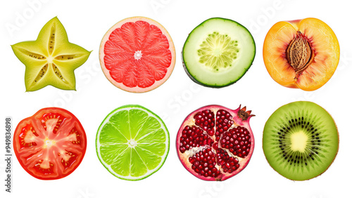 Fototapeta Naklejka Na Ścianę i Meble -  PNG half slice fruit flatlay element set, transparent background