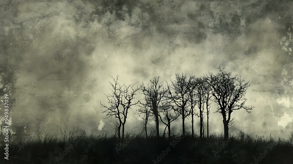 Fototapeta premium A moody black and white grunge landscape with barren trees silhouetted against a stormy sky, rough textures, and dark, ominous clouds adding to the eerie atmosphere.