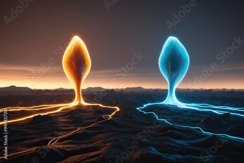 3D Rendering of Amber and Azure Electric Arcs in a Shadowy Landscape with Captivating Luminescence and Extrapolated Energies photo