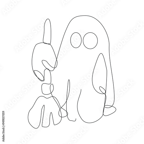 Continuous single line sketch drawing of Halloween  ghost costume theme autumn mood horrible restless soul fears one line vector illustration