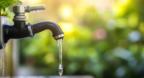 Water Tap with Water Dripping Against a Green Nature Background, Symbolizing Environmental Conservation, Sustainability, and the Importance of Water Preservation, Ideal for Promoting Eco-Friendly Prac photo