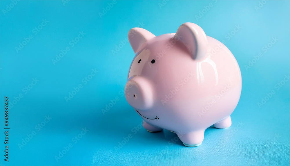 Cute pink ceramic piggy bank against pastel blue background. Finances, money and savings Cute pink ceramic piggy bank against pastel blue background. Finances, money and savings