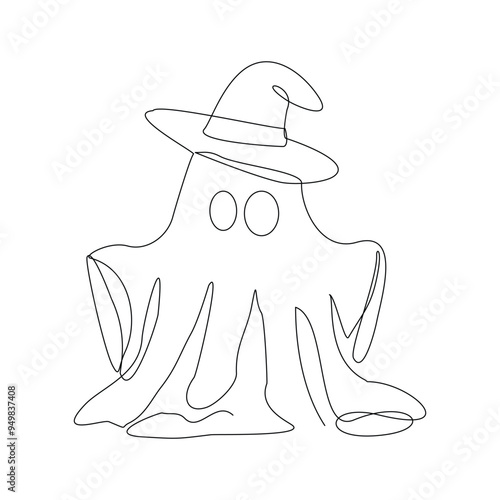 Continuous single line sketch drawing of Halloween  ghost costume theme autumn mood horrible restless soul fears one line vector illustration