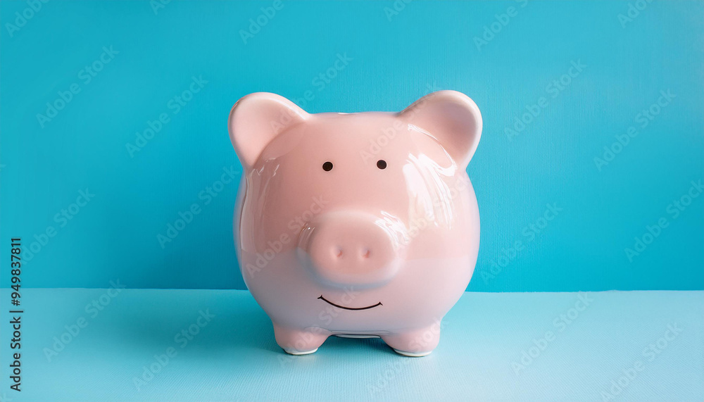 Cute pink ceramic piggy bank against pastel blue background. Finances, money and savings Cute pink ceramic piggy bank against pastel blue background. Finances, money and savings