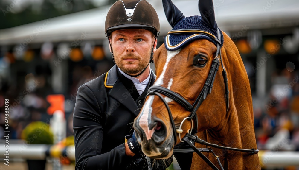 Equestrian jump at a show, horse and rider mid-air, dynamic and thrilling, Sport, Cool tones, Photograph, Athletic grace Equestrian jump at a show, horse and rider mid-air, dynamic and thrilling, Sport, Cool tones, Photograph, Athletic grace