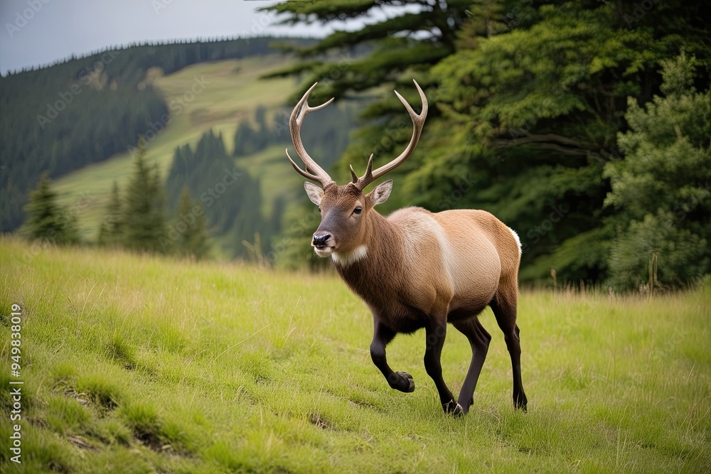 Fototapeta premium Joyful Deer Discovering Green Grassy Landscape in Vibrant Nature