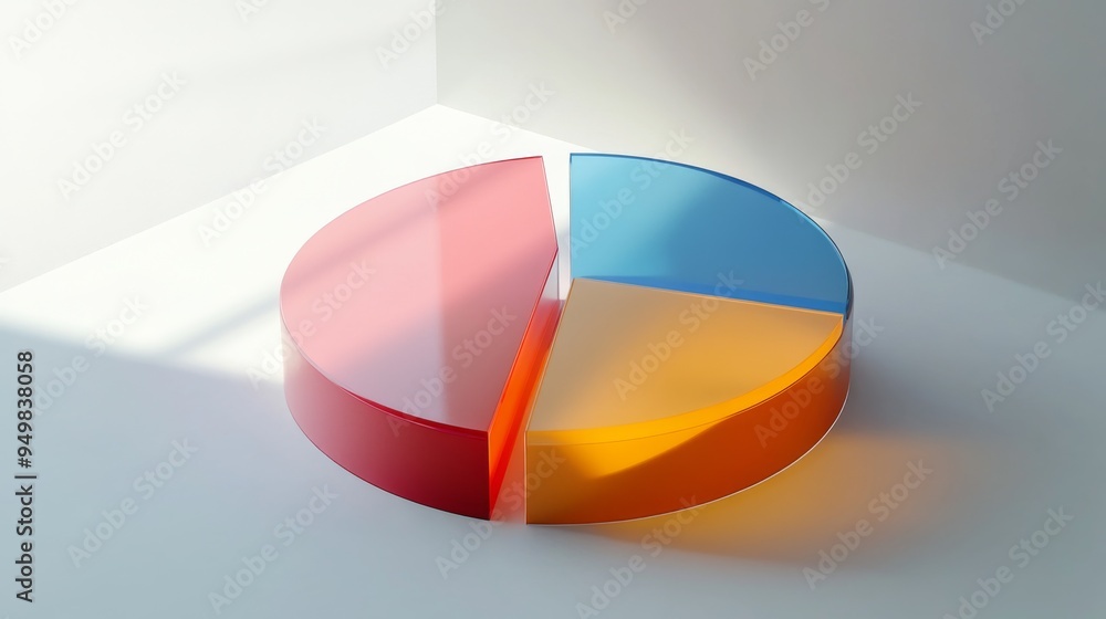 Obraz premium A 3D pie chart with transparent sections, allowing a view through the layers, set against a clean, minimalist white background.