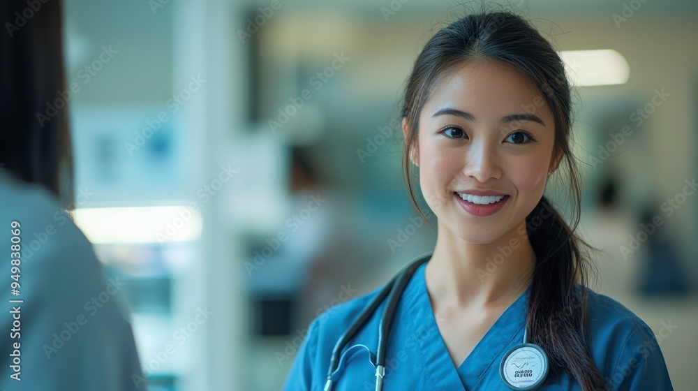Smiling nurse in a hospital setting with patient in background Smiling nurse in a hospital setting with patient in background