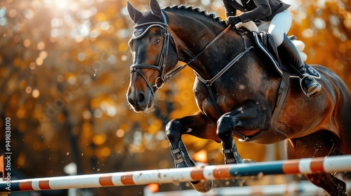 Equestrian jump at a competition, horse mid-leap, dynamic and intense, Sport, Cool tones, Photograph, Athletic excellence photo