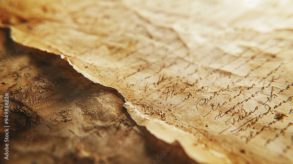 Fototapeta premium A close-up shot of an old, yellowed document with faded ink and a slightly torn edge, giving it a vintage feel.