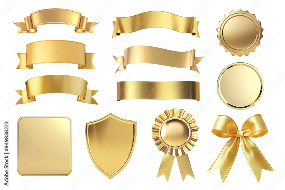 PNG Gold ribbon badge element set, transparent background PNG Gold ribbon badge element set, transparent background