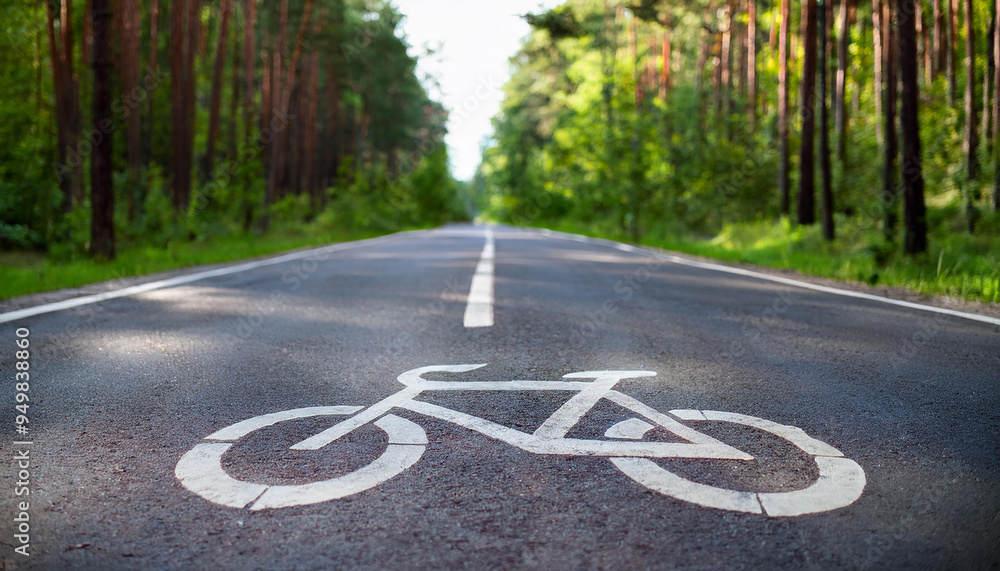 Fototapeta premium Road in green park with bike lane marked by painted bicycle symbol on asphalt. Active rest concept
