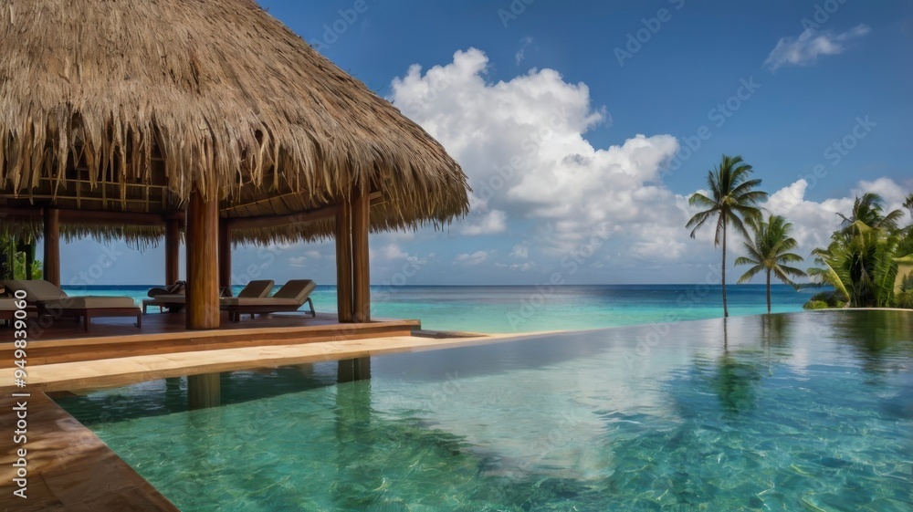 Palm-fringed infinity pool and thatched cabana in tropical paradise Palm-fringed infinity pool and thatched cabana in tropical paradise