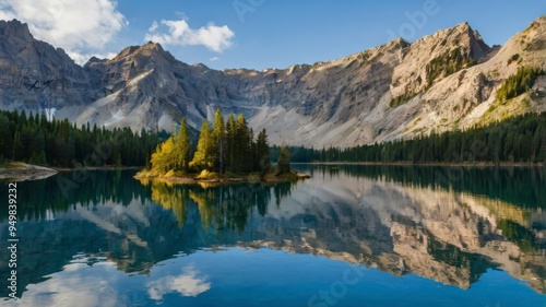 Panorama of mountain reflection in blue lake