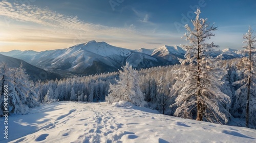 Panorama of snow-covered mountain in winter forest