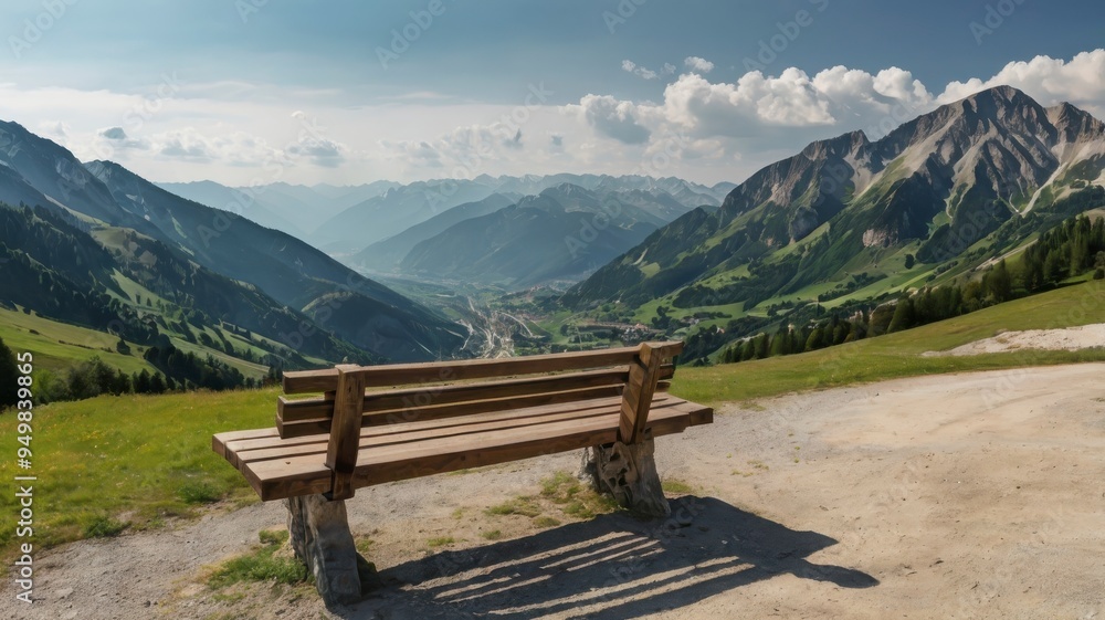 Panoramic European mountain scene with bench Panoramic European mountain scene with bench