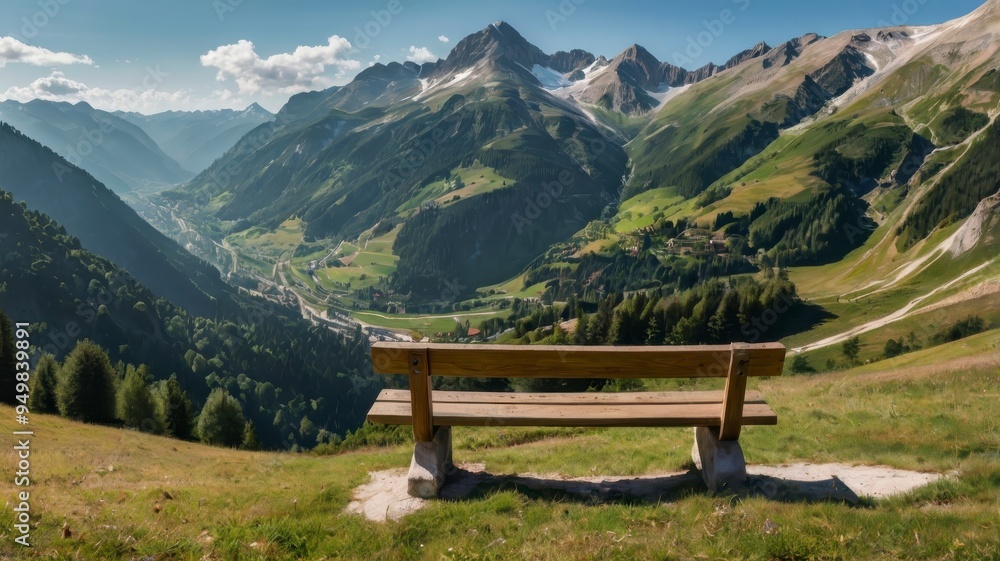 Panoramic European mountain scene with bench Panoramic European mountain scene with bench