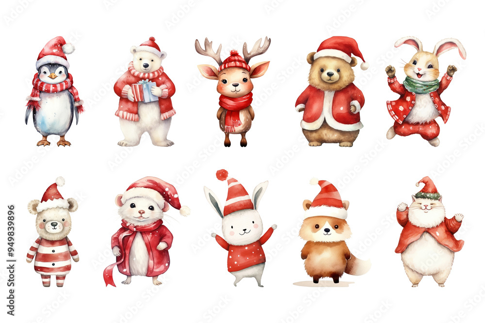 PNG watercolor Christmas animal character element set, transparent background PNG watercolor Christmas animal character element set, transparent background
