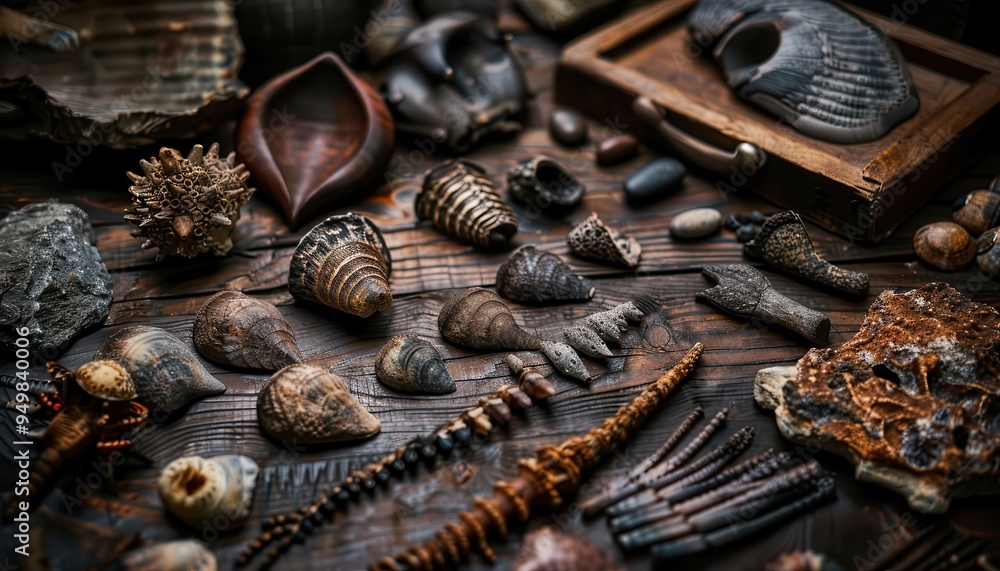 Fossil collection displayed in a museum, historical and intriguing, Vintage, Earth tones, Photograph, Paleontological detail Fossil collection displayed in a museum, historical and intriguing, Vintage, Earth tones, Photograph, Paleontological detail