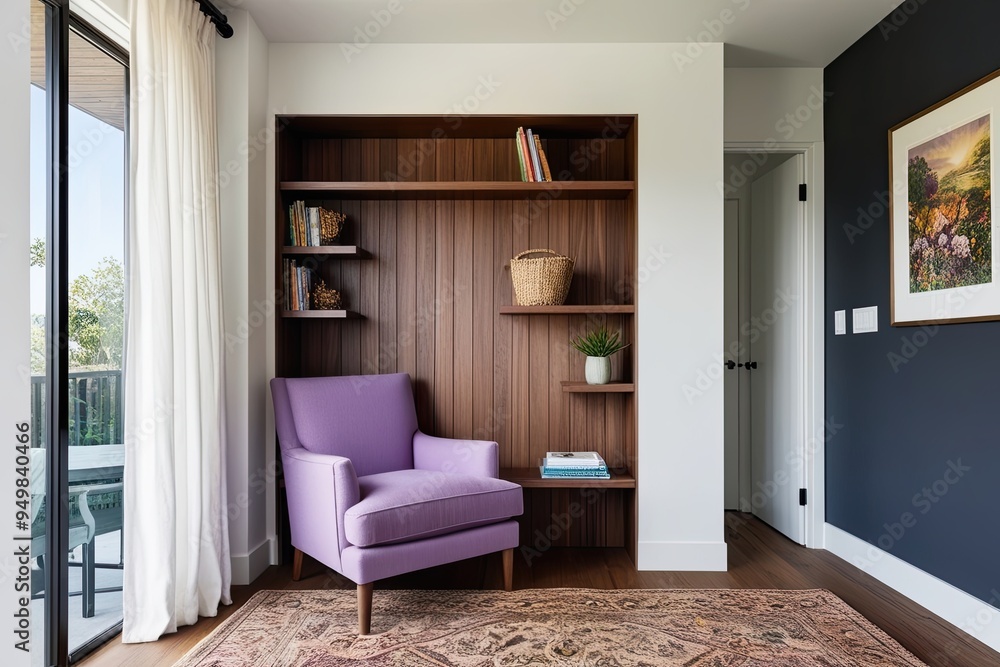 Fototapeta premium Cozy Wooden Reading Nook with Lavender Armchair and Clean White Walls in Contemporary Interior Design