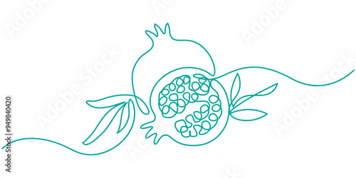 Pomegranate in Continuous single one line drawing.  One line drawing of fruit. Happy Shana Tova Fruit contour with editable stroke. Line art sketch. Abstract minimalistic style. Pro vector.