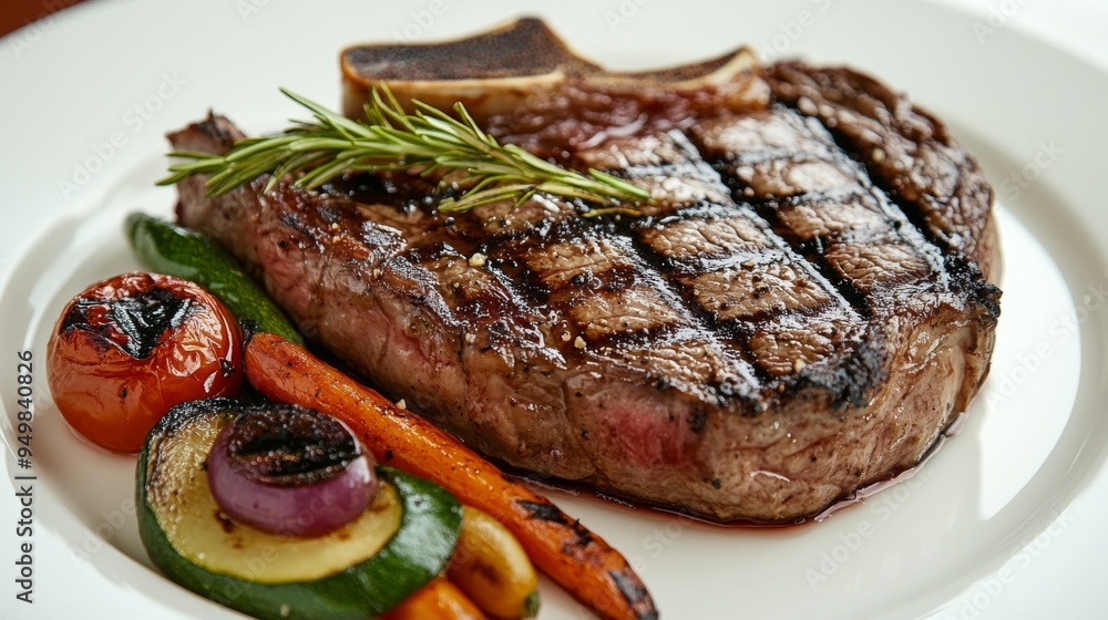 A beautifully cooked ribeye steak with a side of grilled vegetables, artfully arranged on a white plate, with the background highlighting the dish delicious appeal. A beautifully cooked ribeye steak with a side of grilled vegetables, artfully arranged on a white plate, with the background highlighting the dish delicious appeal.