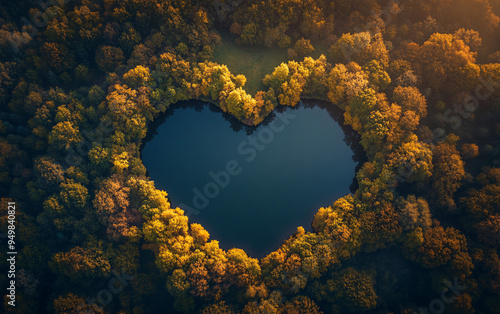 Aerial view of heart-shaped lake surrounded by dense autumn forest with vibrant colors, showcasing natural symmetry, calm water reflection, and serene landscape in autumnal season photo