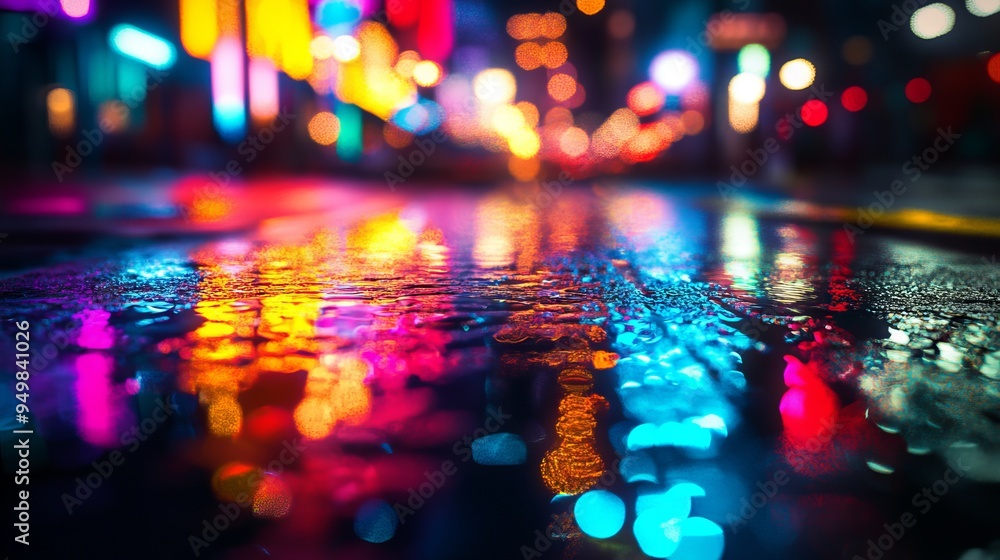 Multi-colored neon lights on a dark city street, reflection of neon light in puddles and water. Abstract night background, blurred bokeh light. Night view colorful Multi-colored neon lights on a dark city street, reflection of neon light in puddles and water. Abstract night background, blurred bokeh light. Night view colorful