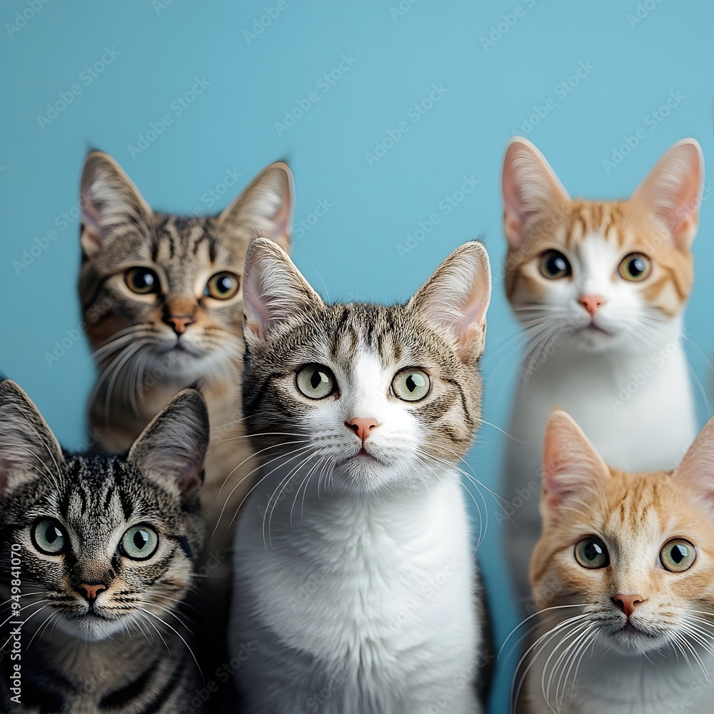 Stylish Group Portrait of Diverse Cat Breeds on Powder Blue Background Stylish Group Portrait of Diverse Cat Breeds on Powder Blue Background