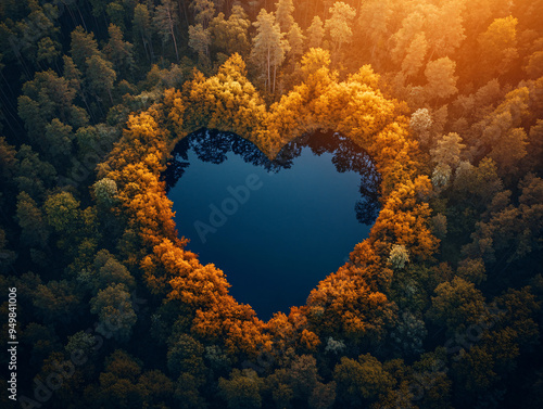 Aerial view of heart-shaped lake surrounded by dense autumn forest with vibrant colors, showcasing natural symmetry, calm water reflection, and serene landscape in autumnal season photo