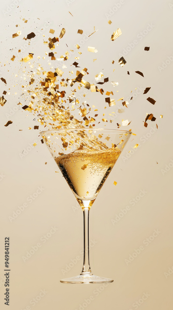 Gold glittering confetti exploding from champagne glass on light background, copy space, party invitation. Generative AI Gold glittering confetti exploding from champagne glass on light background, copy space, party invitation. Generative AI