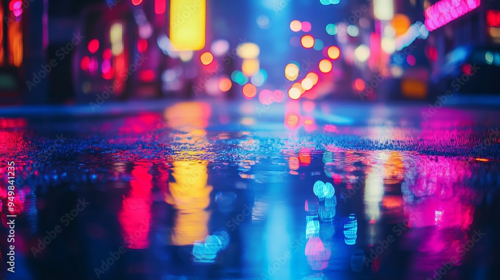 Fototapeta premium Multi-colored neon lights on a dark city street, reflection of neon light in puddles and water. Abstract night background, blurred bokeh light. Night view colorful