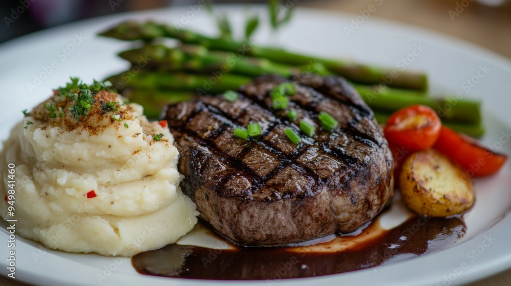 A beautifully plated steak with a side of mashed potatoes and steamed asparagus, arranged artfully on a white plate, emphasizing the elegance and appeal of the dish. A beautifully plated steak with a side of mashed potatoes and steamed asparagus, arranged artfully on a white plate, emphasizing the elegance and appeal of the dish.