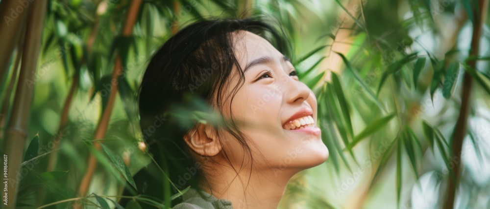 A woman looks up with a content smile amidst green bamboo, captured in soft sunlight, evoking a sense of peace and joy. A woman looks up with a content smile amidst green bamboo, captured in soft sunlight, evoking a sense of peace and joy.