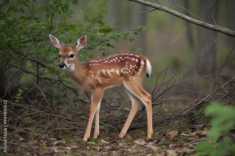 Adorable Fawn Exploring Underbrush in a Gentle Woodland Scene Adorable Fawn Exploring Underbrush in a Gentle Woodland Scene