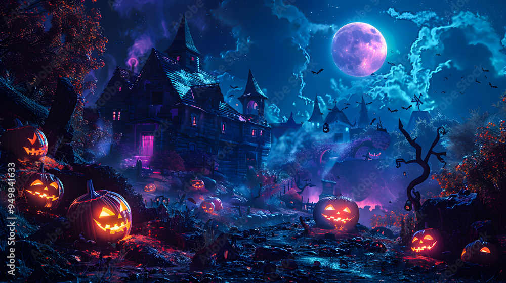 Halloween pumpkin village at night, Jack o lanterns Halloween pumpkin village at night, Jack o lanterns