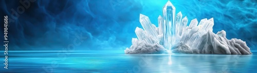 Flowing water into a crystal-clear lake with a giant crystal structure rising from the center, fantasy, deep blues, digital art