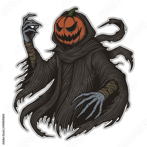 Halloween Pumpkin Head Reaper Sticker. Cartoon Scary Character in Black Cloak with Scary Pumpkin Face. Creepy Surreal Horror Halloween Vector Illustration. Jack-O-Lantern Design